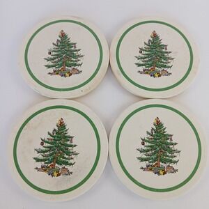 Spode Christmas Tree Coasters (4) Porcelain Bisque & Cork Round Thirsty Stone 4"